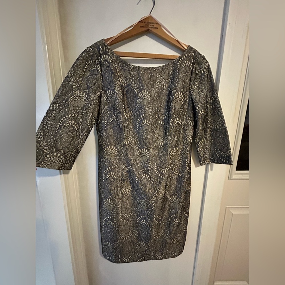 Eliza J black & gold metallic dress soft V in the back. Fabulous wedding guest